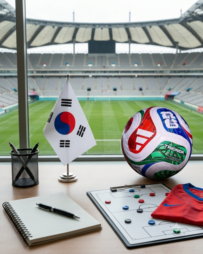 한국 축구 개혁과 K-축구 혁신위원회를 상징하는 축구장과 전술 보드 이미지