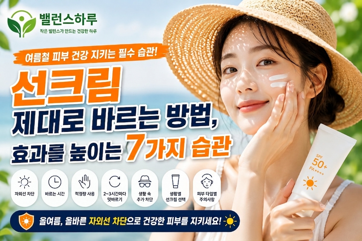 여름철 선크림을 바르는 여성과 자외선 차단 모습