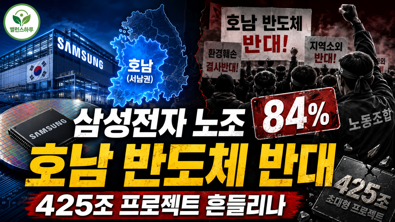 삼성전자 노조 호남 반도체 반대 설문 84%와 425조 원 투자 프로젝트 논란을 표현한 경제 밸런스 썸네일