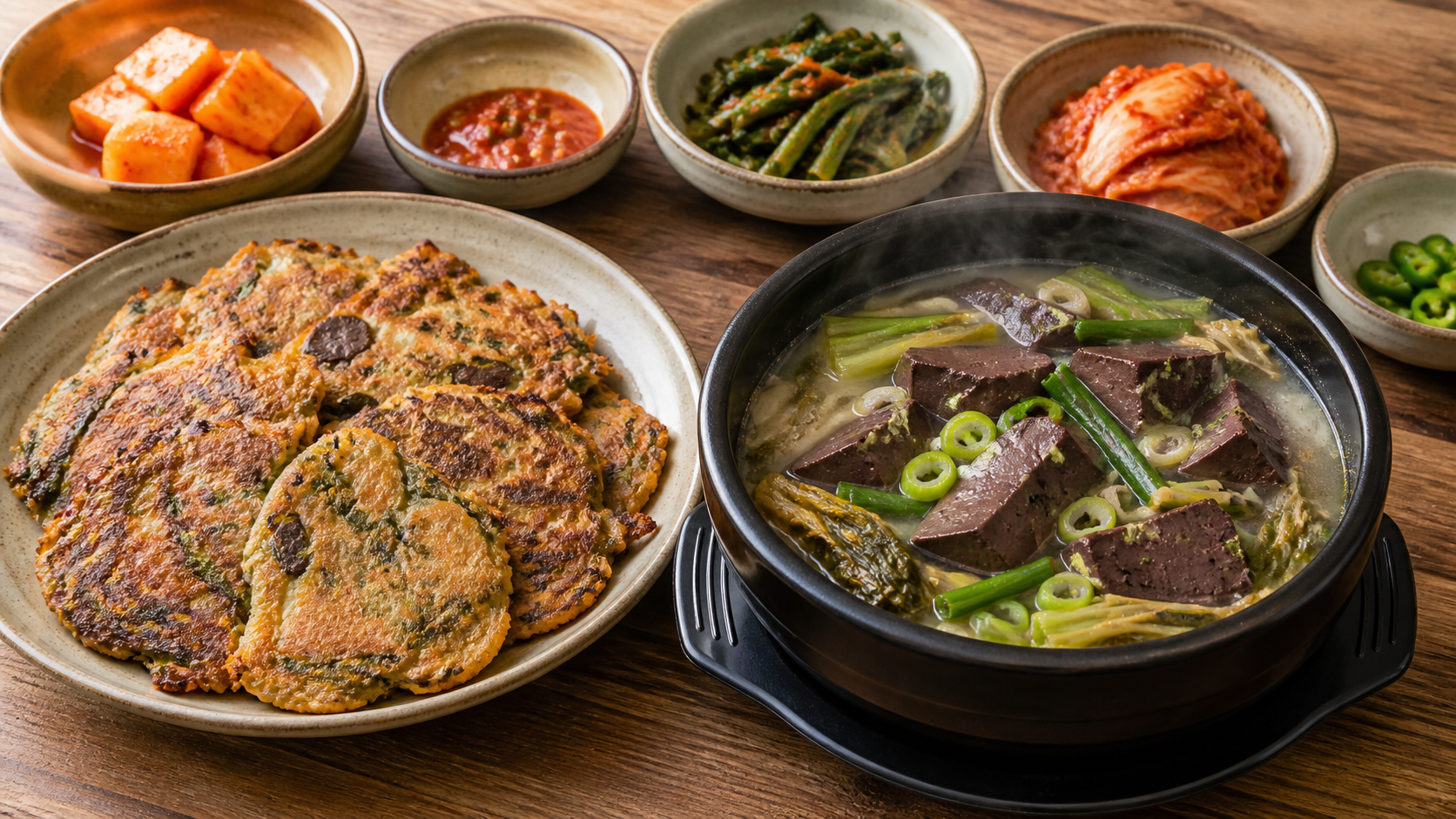 인천 선지부침전과 선짓국을 표현한 이해용 AI 생성 이미지
