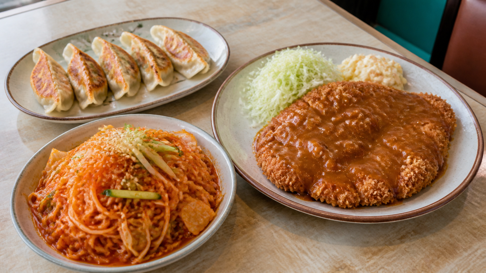 인천 군만두와 쫄면, 돈가스를 표현한 이해용 AI 생성 이미지